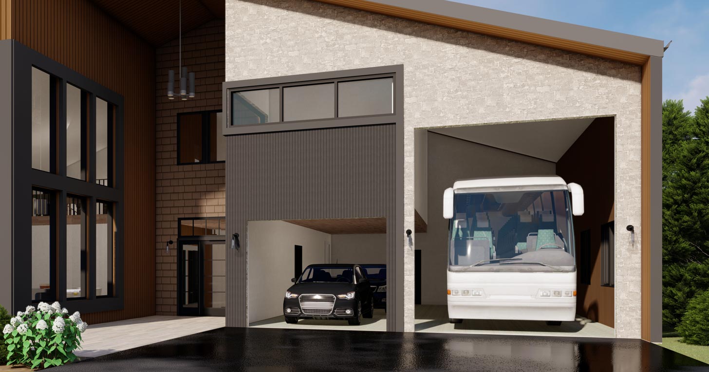 Attached garage with car and motorhome